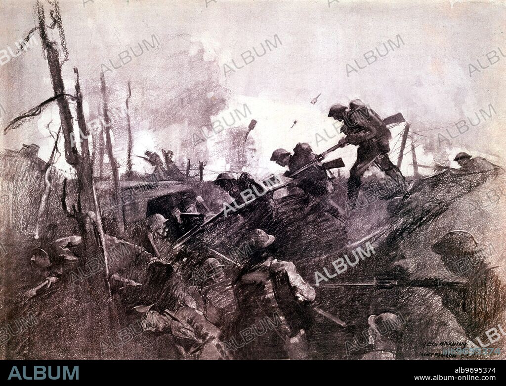 World War One - Western Front. American troops following the barage during the Verdun offensive. Drawing by George Harding.. The last major combat in the Verdun sector took place during the Meuse-Argonne offensive, successfully carried out by the American Expeditionary Forces (AEF) from 12 September 1918 to the Armistice.