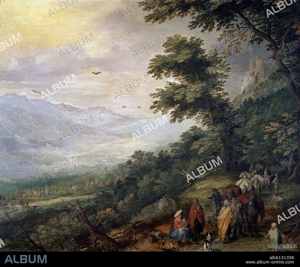 JAN BRUEGHEL DE VELOURS-BRUEGHEL EL. RECUA Y GITANOS EN UN BOSQUE - 1614 - OLEO/COBRE - 36X43 - NP 1432 - ESCUELA FLAMENCA.
