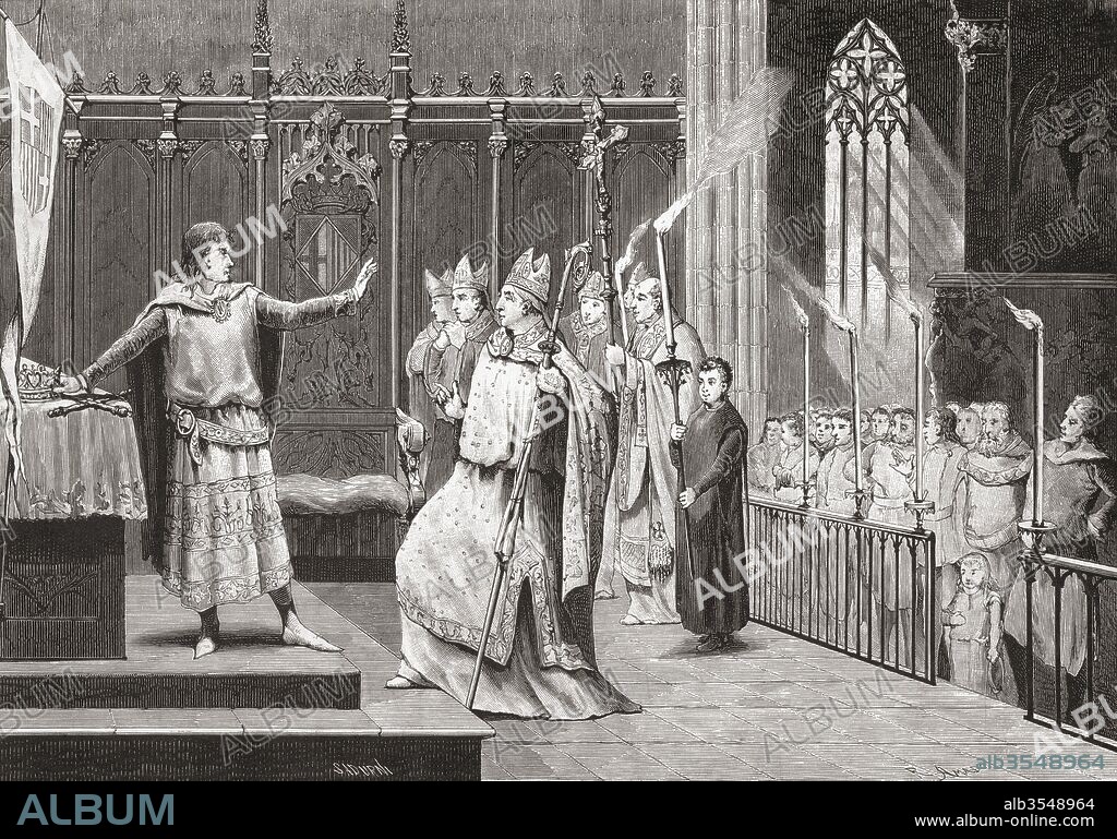 The coronation of Peter IV as King of Aragon in 1336. Peter IV, 1319 – 1387. King of Aragon, King of Sardinia and Corsica as Peter I, King of Valencia as Peter II, and Count of Barcelona and the rest of the Principality of Catalonia as Peter III. After a 19th century print.