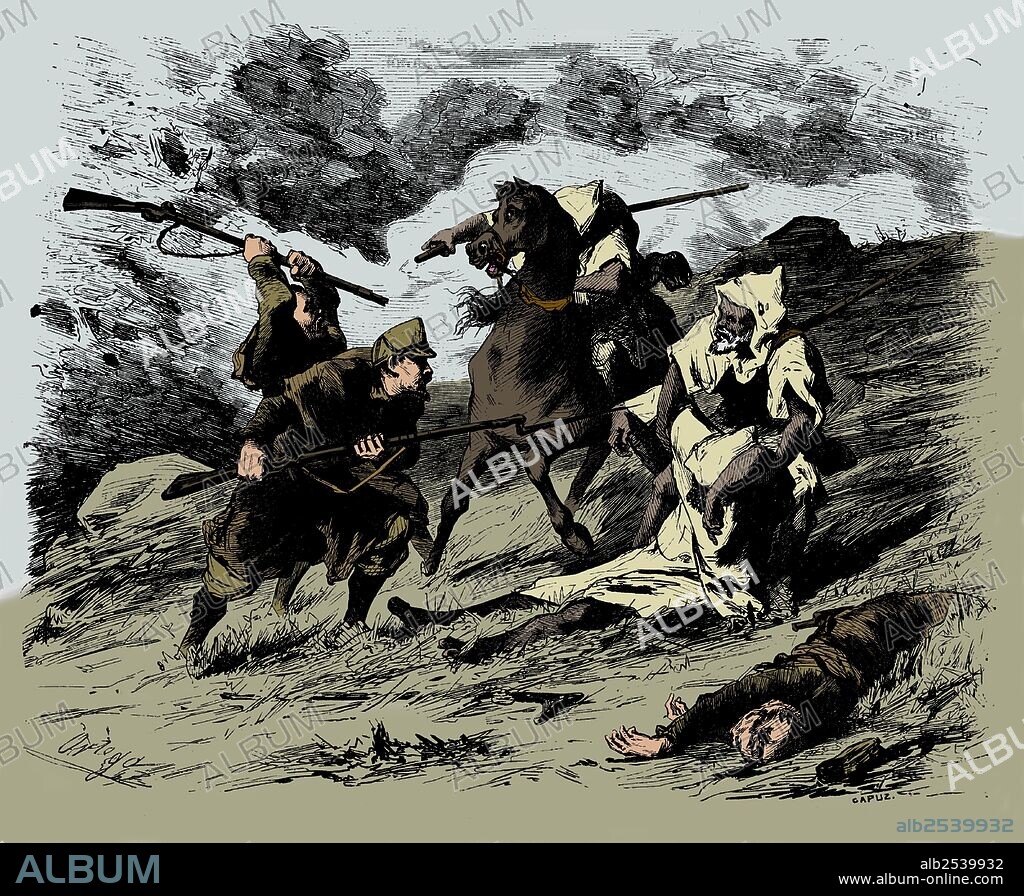 Guerra de África. Año 1860. Lucha entre españoles y marroquíes por el rescate de heridos. Dibujo de Ortego. Grabado de 1860.