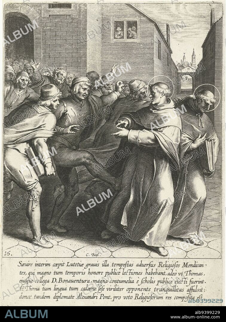 St. Thomas and St. Bonaventure are expelled from the university in Paris by students. Print from a series of 30 prints depicting the life story of Thomas Aquinas. The prints, designed and published by Otto van Veen, were made by C. Boel, E. van Paenderen, C. Galle and G. Swanenburgh, Thomas and Saint Bonaventure are driven out of the university The life of Saint Thomas Aquinas (series title), print maker: Cornelis Boel, (mentioned on object), intermediary draughtsman: Otto van Veen, publisher: Otto van Veen, print maker: Southern Netherlands, publisher: Antwerp, 1610, paper, engraving, h 207 mm × w 148 mm.