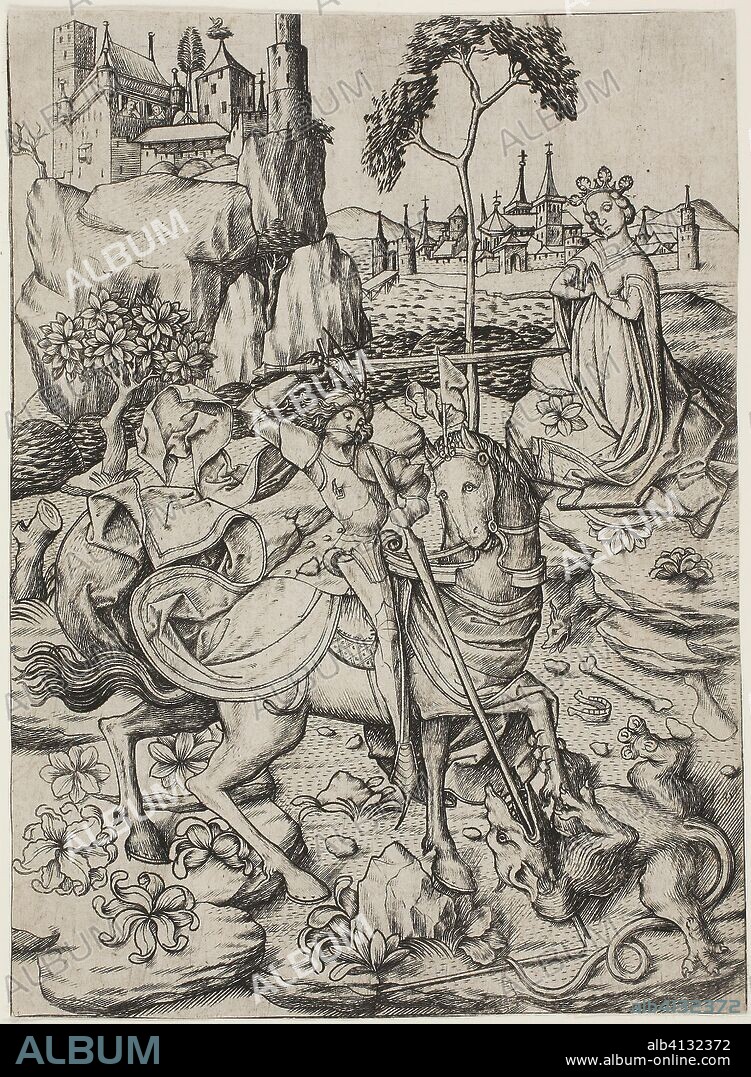 Saint George with the Stork's Nest. Master E. S.; German, active c. 1450-1467. Date: 1445-1455. Dimensions: 150 x 110 mm (sheet trimmed within plate mark). Engraving, printed in black, on paper. Origin: Germany.