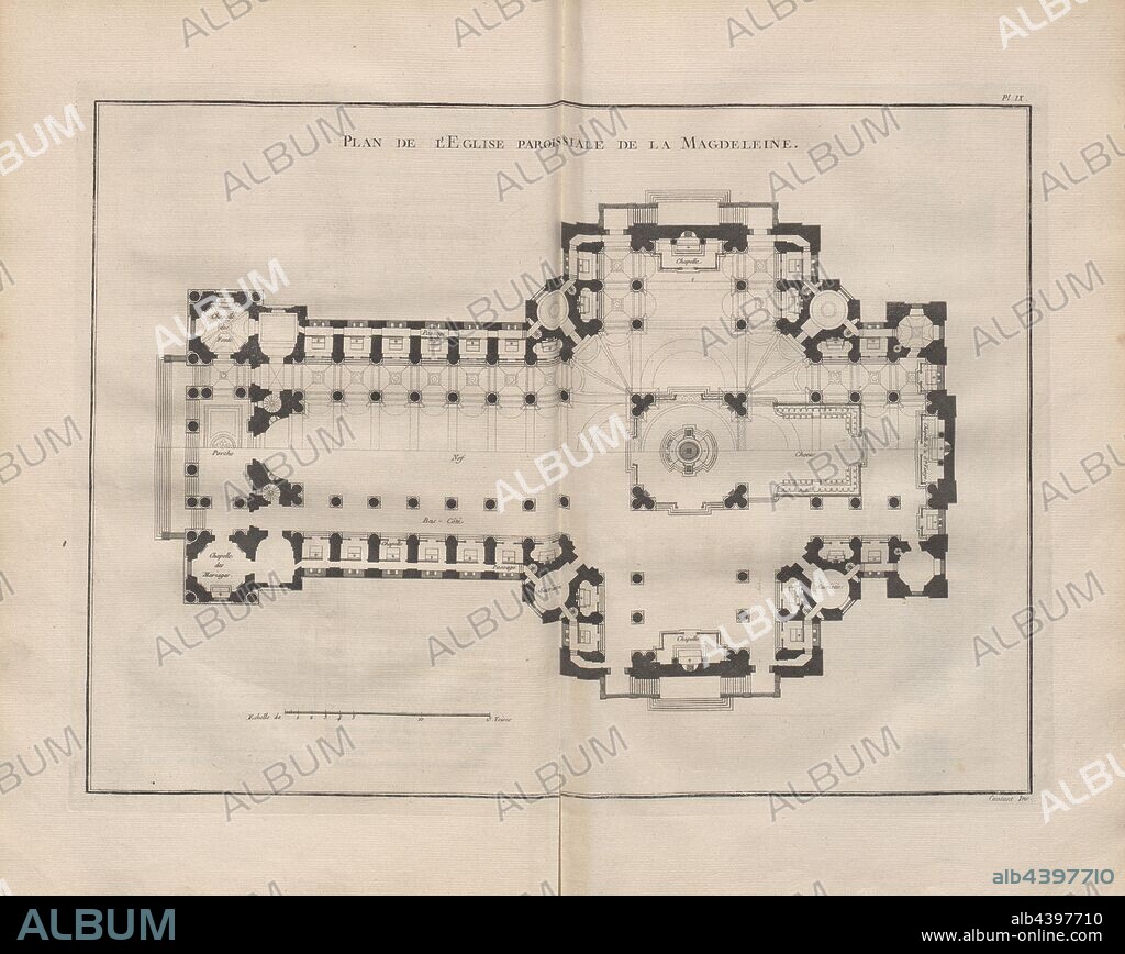 Map of The Parish Church of La Magdeleine, Illustration of the plan of the church La Madeleine from the 18th century, signed: Contant Inv, Pl. IX, after p. 128, Contant (inv.), 1765, Pierre Patte: Monumens érigés en France à la gloire de Louis XV. Paris: chez l'auteur: chez Desaint: chez Saillant, 1765.