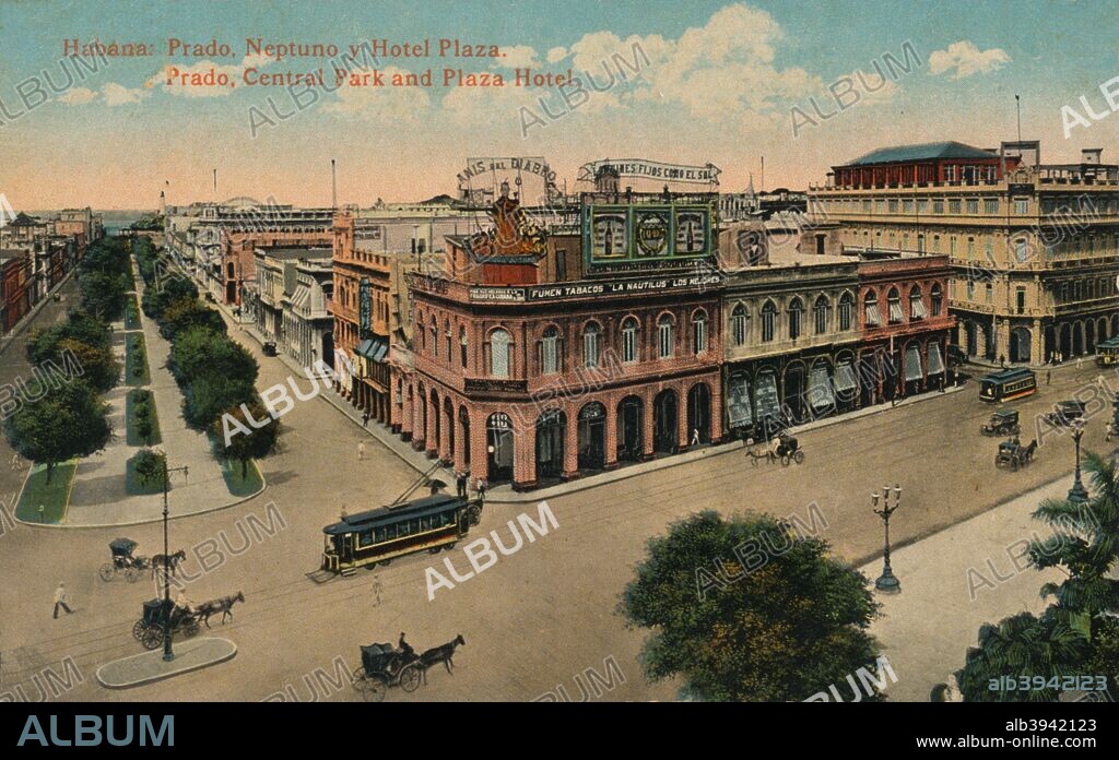 Habana: Prado, Neptuno y Hotel Plaza. Prado, Central Park and Plaza Hotel, Havana, Cuba, c1910.[Edicion Jordi].