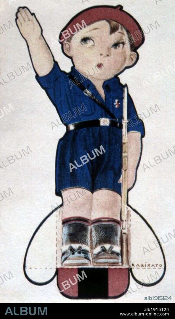 CESÁREO DEL VILLAR BESADA y KARIKATO. Recortable infantil. Niño falangista haciendo el saludo fascista. Dibujo de Karikato.