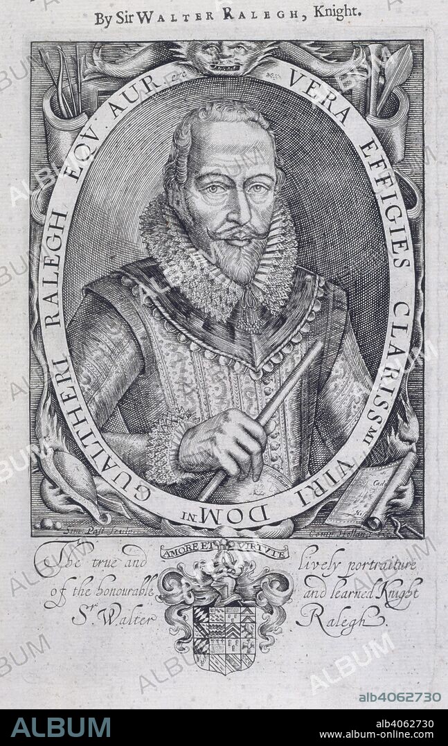 Sir Walter Raleigh (1552-1618). English courtier, navigator and poet. Portrait. The Historie of the World. In five bookes ... Sam Cartwright: London, 1652. Source: 9005.h.2, title page. Language: English.