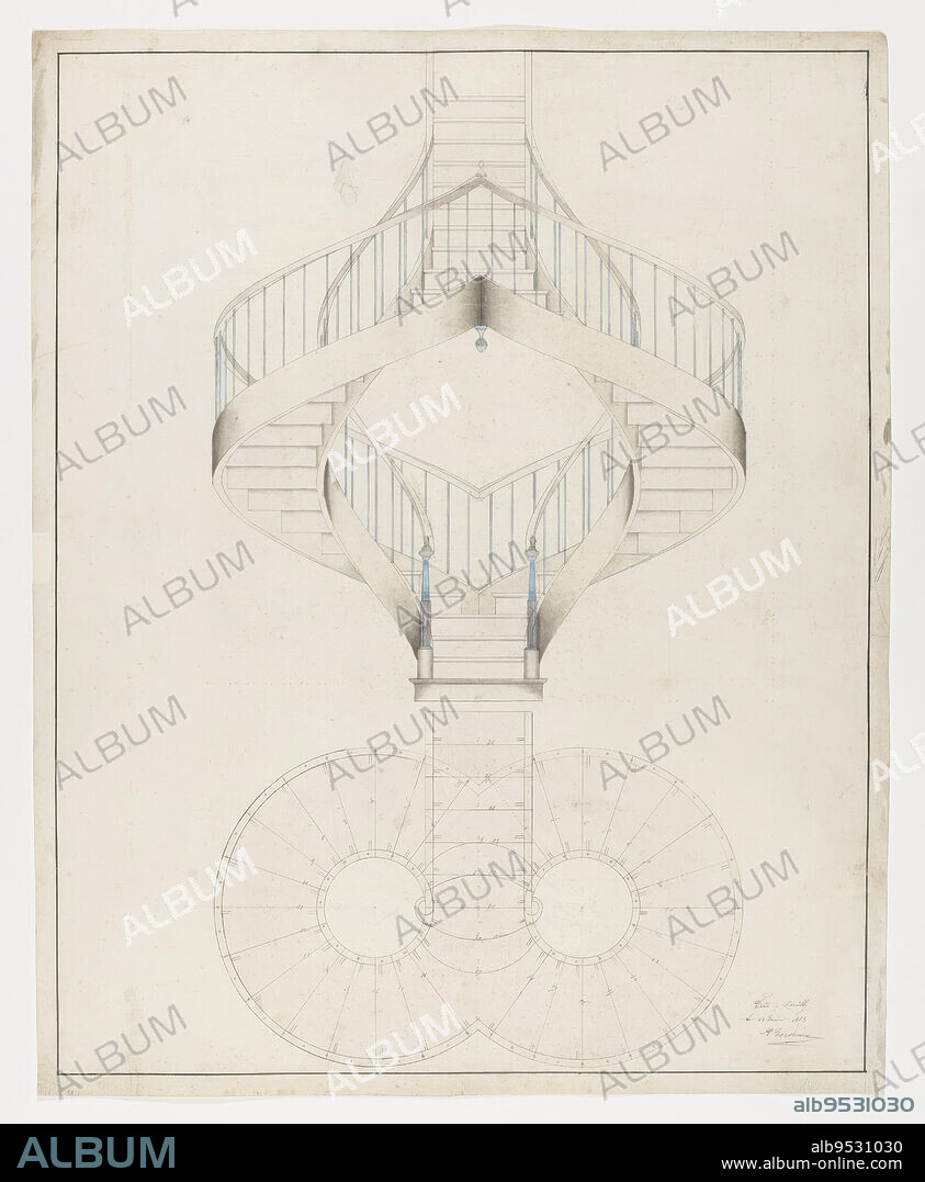 Design for double curved staircase with blue balustrade. Elevation at top and plan below. Graphite, pen and black ink, brush and blue, grey watercolor on cream laid paper. Date: February 13, 1883.