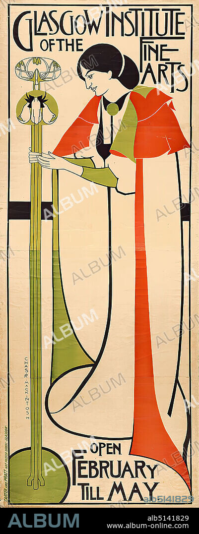 Carter & Pratt, Charles Rennie Mackintosh, Glasgow Institute of the Fine Arts, paper, lithography, total: height: 221,00 cm; width: 87,00 cm, signed: u. li. in print in vertical direction: CHAS. R. MACKINTOSH, monogrammed: lower right in print: YM, exhibition posters, standing figure, plants, vegetation, woman, jacket, cloak, cape, art nouveau.