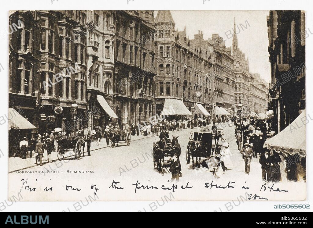 Postcard, Corporation Street Birmingham, 1902 Topographical Views, City Centre, Social history, Topographical Views, Transport, Birmingham history, Postcard.