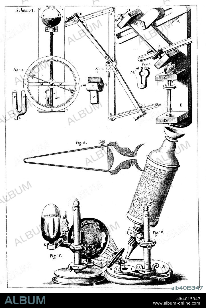 Hooke's microscope with condenser for concentrating light, 1665. From left to right above are his barometer, refractometer for measuring refractive power of liquids, and lens-grinding machine. From Micrographia by Robert Hooke (1635-1703). Micrographia was published in 1665 and contains prints of some of the specimens Hooke viewed under the compound microscope that he designed.