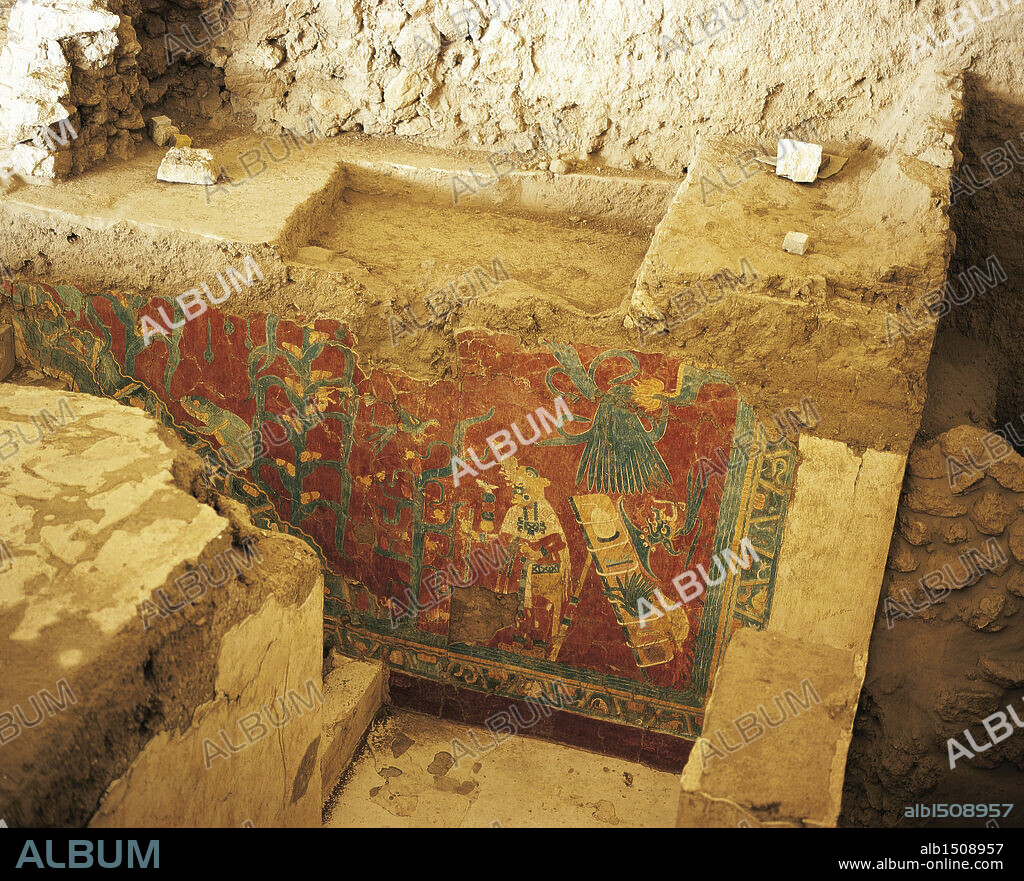 Mexico - Tlaxcala State - Cacaxtla archaeological site. Maya mural painting depicting agricultural scene.