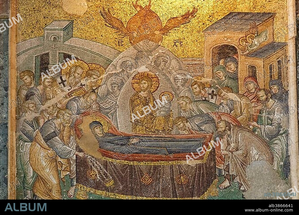 Mosaic of the Death of the Virgin Mary, Koimesis, in Naos, Chora Church or Kariye Camii, Edirnekapi, Fatih, Istanbul, European side, Istanbul Province, Turkey, European side