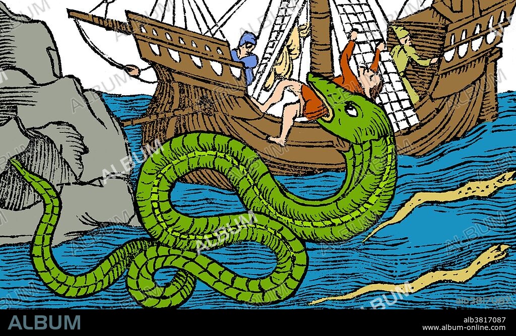 Sea monsters are sea-dwelling mythical or legendary creatures, often believed to be of immense size. Marine monsters can take many forms, including sea dragons, sea serpents, or multi-armed beasts. They can be slimy or scaly and are often pictured threatening ships or spouting jets of water. Image appeared in "Historiae de gentibus septentrionalibus", 1557.