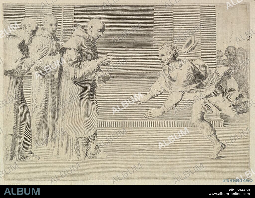 St. William, Duke of Aquitaine, Converted by St. Bernard. Artist: Claude Mellan (French, Abbeville 1598-1688 Paris). Dimensions: sheet: 9 3/4 x 13 1/2 in. (24.7 x 34.3 cm). Series/Portfolio: Vie de saint Bernard, no. 3.