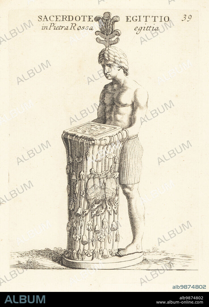 Figure of an Egyptian priest in Egyptian red stone. Holding a sacred table with two sheafs of wheat, two hydria or water vases and cup. Fronds of Nile lotus with ducks hang over the priest's arms. Sacerdote Egittio in pietra rossa egittia. Copperplate engraving by Giovanni Battista Galestruzzi after Leonardo Agostini from Gemmae et Sculpturae Antiquae Depicti ab Leonardo Augustino Senesi, Abraham Blooteling, Amsterdam, 1685.