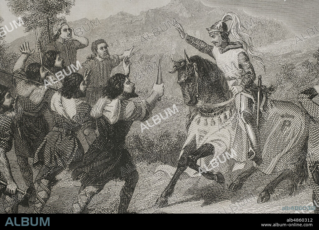 Cruzada contra la Corona de Aragón declarada por el Papa Martín IV contra el rey Pedro I el Grande entre 1284-1286, en el contexto histórico de la Guerra de las Vísperas Sicilianas. El rey Pedro III de Aragón en el Collado de las Panizas o Paso de Le Perthus (Pirineos Orientales). Ilustración por Cava. Grabado por A. Roca. Detalle. Historia de Cataluña y de la Corona de Aragón, por Victor Balaguer. Barcelona,1861.