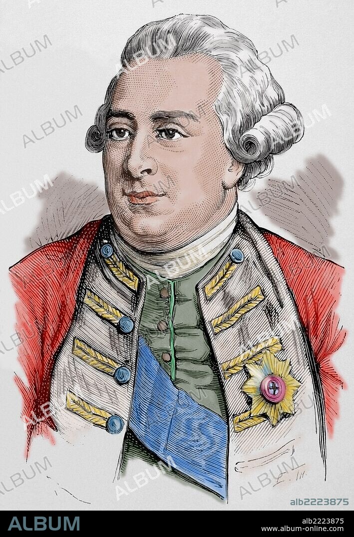 JORGE III (Londres,1738-Windsor,1820). Rey de Gran Bretaña e Irlanda (1760-1820), elector (1760-1814) y rey de Hannover (1814-1820), nieto y sucesor de Jorge II. Grabado coloreado. "Nuestro Siglo", año 1883.