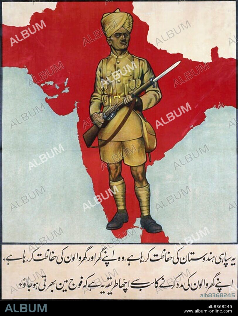 India: 'This Soldier is Defending India', First World War recruitment poster, The Times Press, Bombay.<br/><br/>. The Indian Army during World War I contributed a large number of divisions and independent brigades to the European, Mediterranean and the Middle East theatres of war in World War I. Over one million Indian troops served overseas, of whom 62,000 died and another 67,000 were wounded. In total at least 74,187 Indian soldiers died during the war.