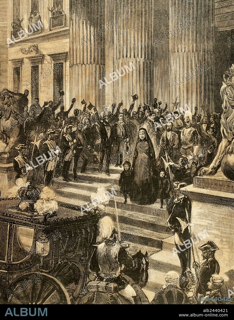 HISTORIA DE ESPAÑA. SIGLO XIX. REGENCIA DE MARIA CRISTINA DE HABSBURGO-LORENA (1858-1929), madre del futuro Alfonso XIII. "S. M LA REINA REGENTE SALIENDO DEL CONGRESO ". Regente de España de 1885-1902 por su matrimonio con Alfonso XII de Borbón. Grabado "La Ilustración Española y Americana" (1886) .