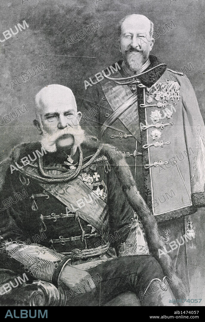 FRANCISCO JOSE I DE AUSTRIA (Viena, 1830-Viena, 1916). Emperador de Austria (1848-1916) y rey de Hungría (1867-1916). FERNANDO I (Viena 1861-Cobrugo 1948). Principe y Zar de Bulgaria (1908-18), fundador de la dinastía de Sajonia-Cobrugo. Abdicó el 3 de octubre de 1918 en favor de su hijo Boris. Fotografia de 1908.