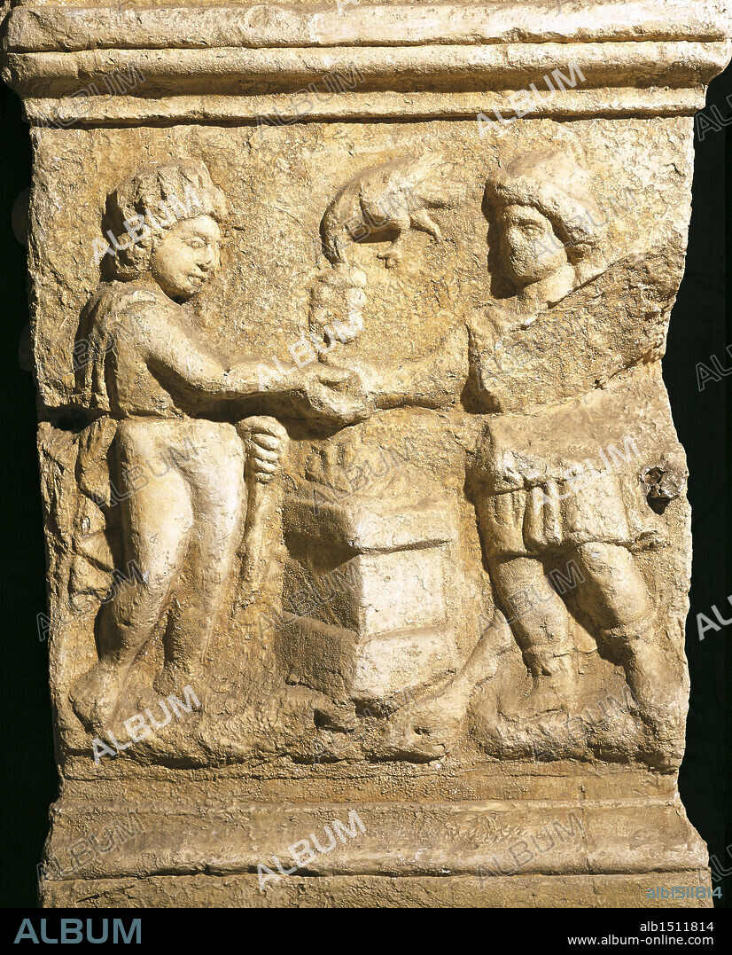 Roman civilization. Altar dedicated to Emperor Gallienus health depicting pact between Sun and Mithra.
