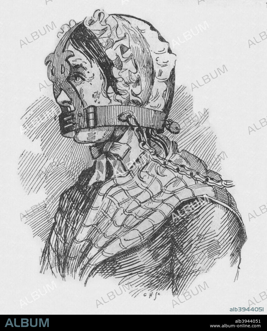 Scold's Bridle, 19th century. This unpleasant instrument of punishment reserved for women prisoners originated in medieval Scotland. It consisted of a metal head cage with a built in gag. From 'The Strand Magazine: July to December, 1894'.