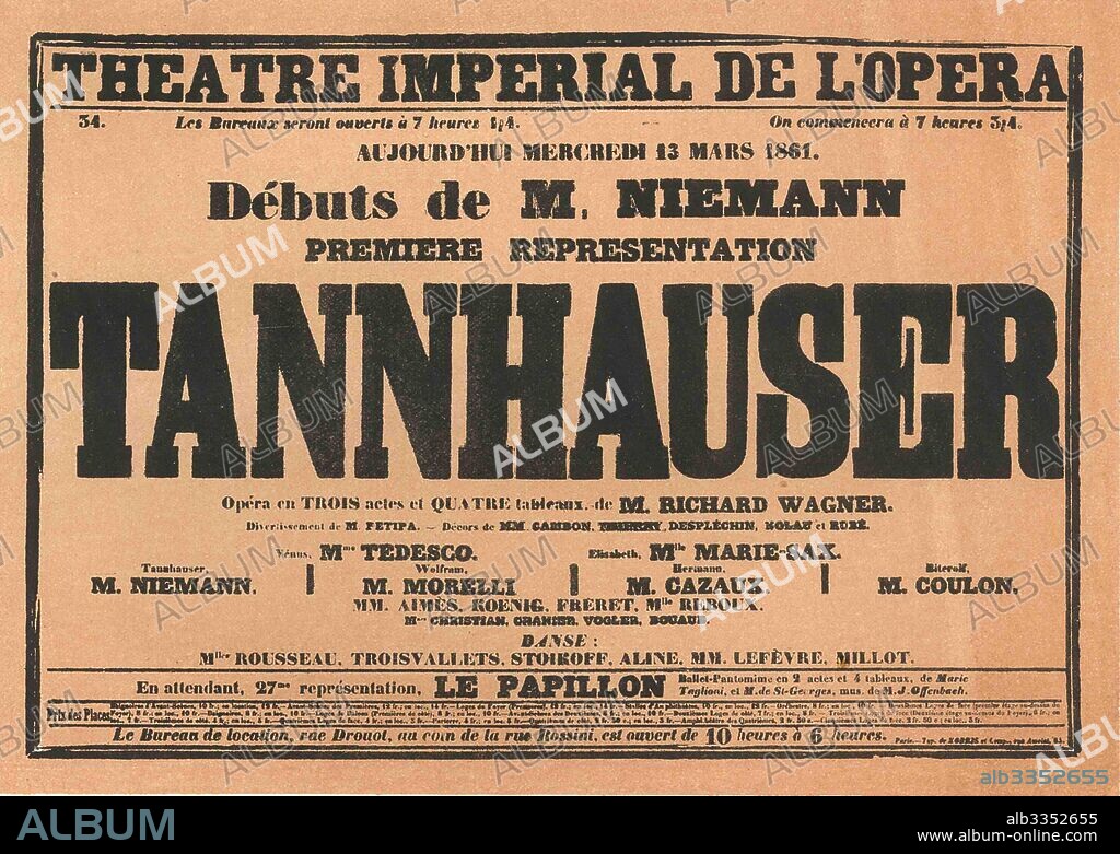 Premiere Poster for the opera Tannhäuser by Richard Wagner in the Opéra de Paris.