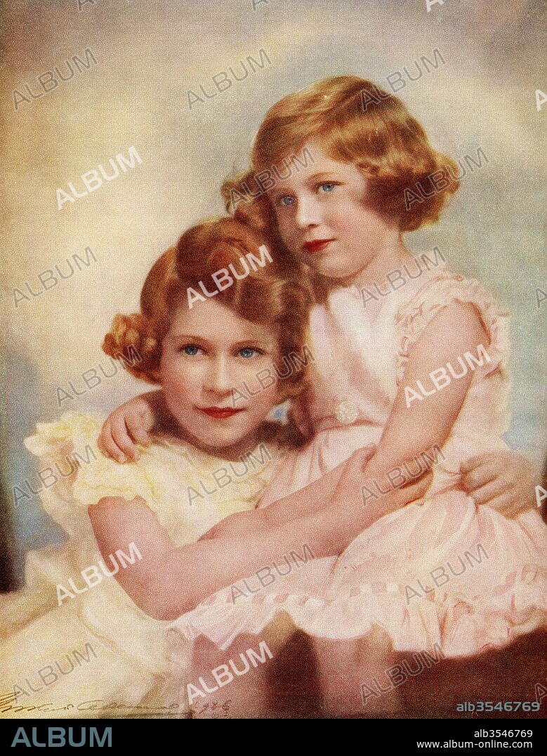 Princess Elizabeth, future Queen Elizabeth II, left, and Princess Margaret, right. Princess Elizabeth, future Elizabeth II, born 1926. Queen of the United Kingdom, Canada, Australia and New Zealand. Princess Margaret, Margaret Rose, 1930 – 2002, aka Princess Margaret Rose. Younger daughter of King George VI and Queen Elizabeth. From Their Gracious Majesties King George VI and Queen Elizabeth, published 1937.