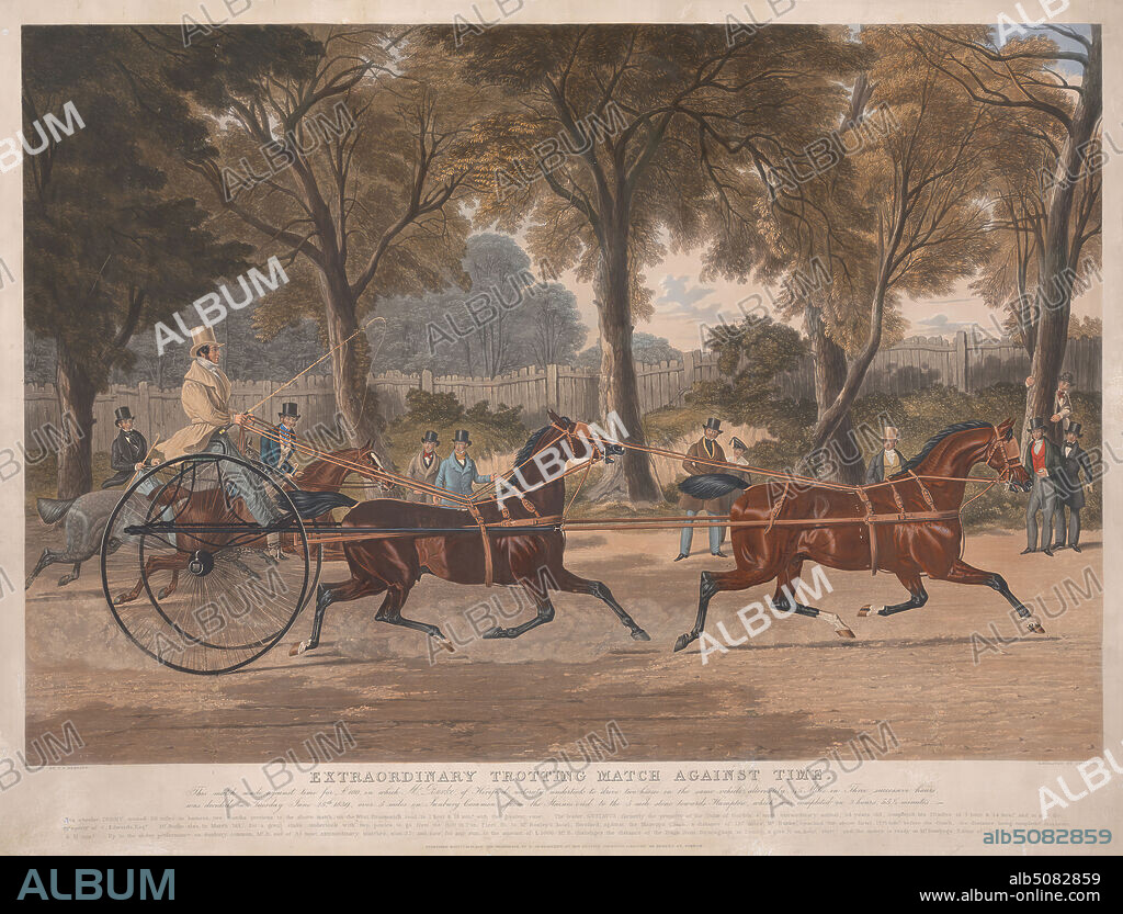 Extraordinary Trotting Match against Time, Charles Hunt, 18031877, British, after John Frederick Herring, 17951865, British, 1839, Aquatint, hand-colored, Sheet: 20 x 29in. (50.8 x 73.7cm).