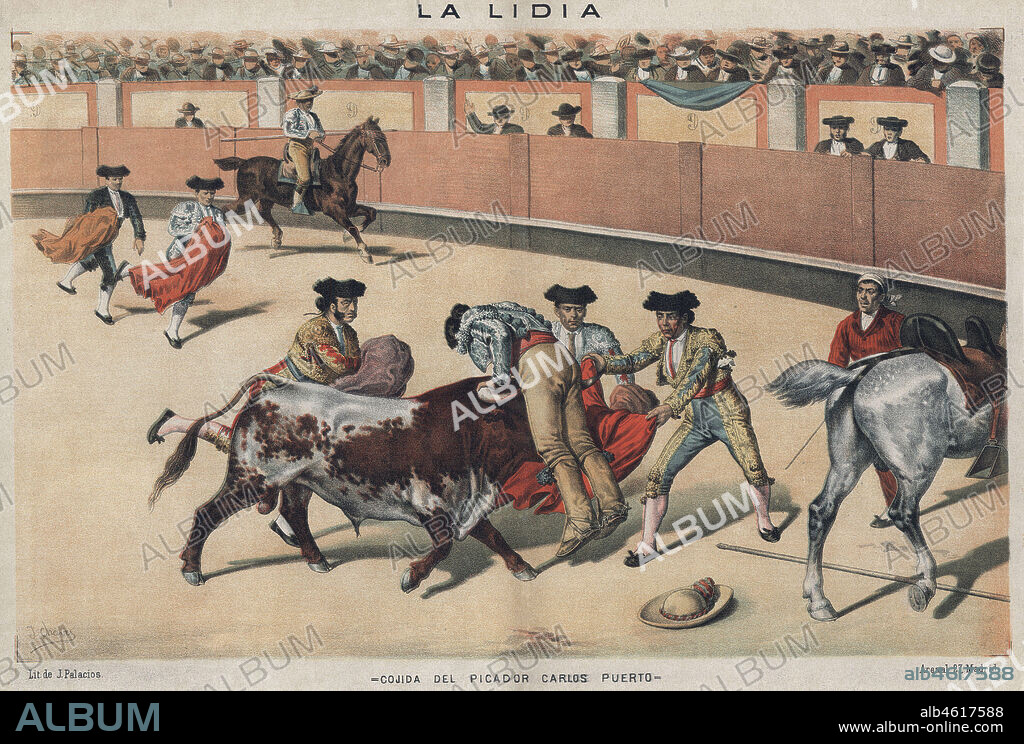 La lidia. Cogida mortal del picador Carlos Puerto Santos (1813-1852) en la plaza de toros de El Puerto de Santa María; el toro Medialuna derrotó sobre el caballo sacando al picador de la silla y clavándole el cuerno derecho por el pecho. Año 1886.