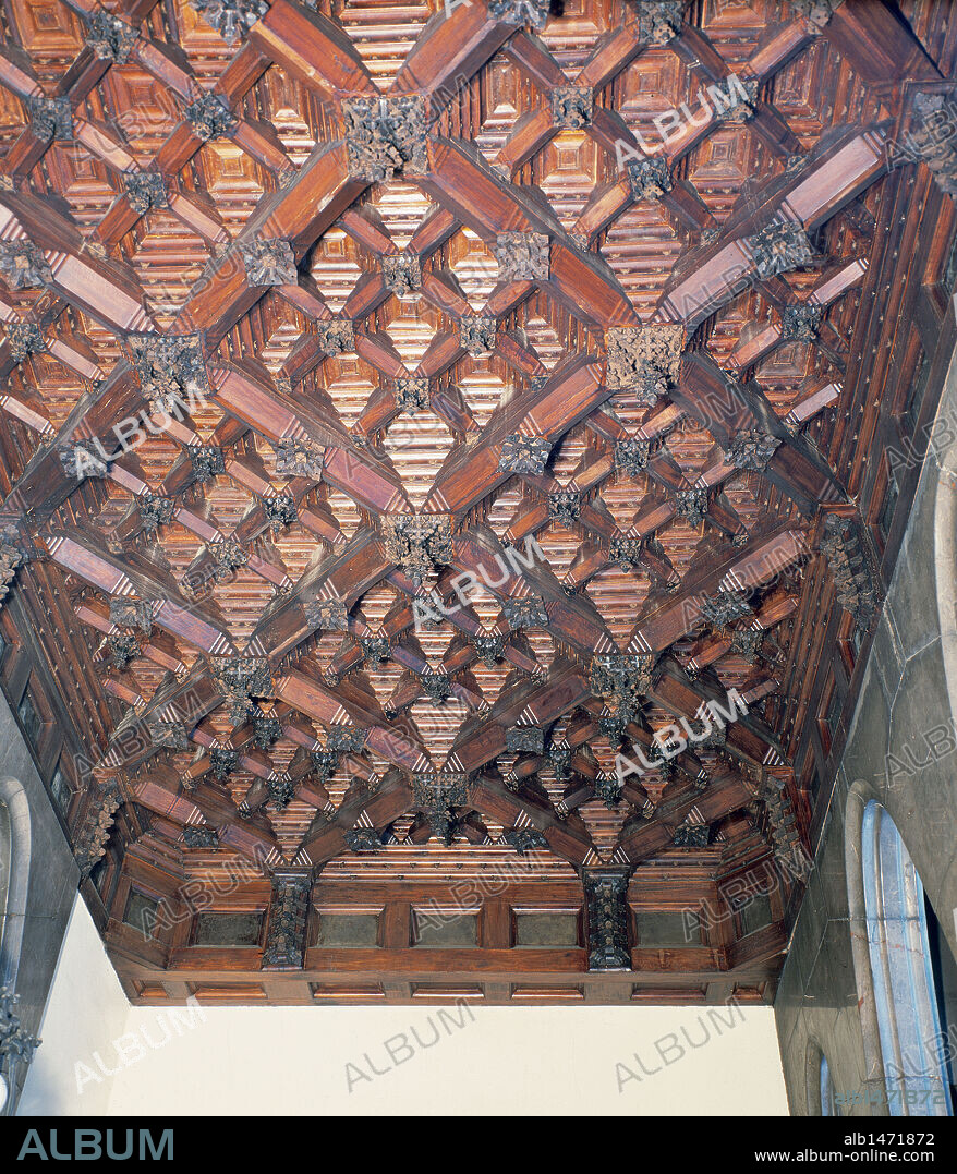 Spain. Barcelona. Guell Palace. 1885-1889. Built by Antoni Gaudi (1852-1926). Wood paneling ceiling of one of upstairs room.