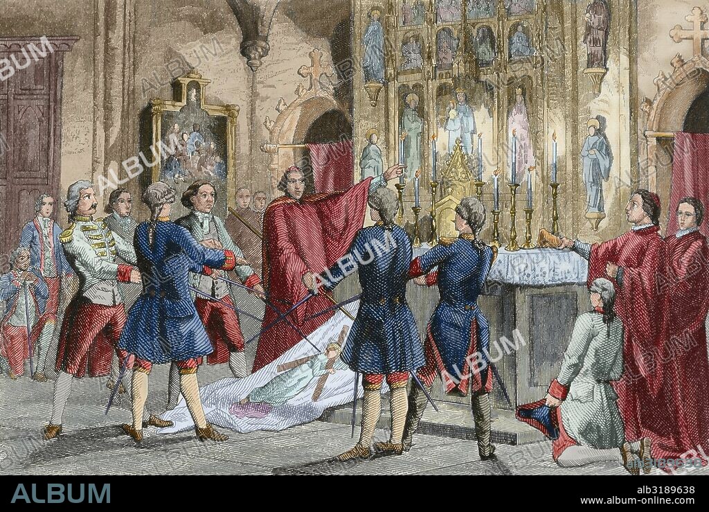 GUERRA DE SUCESION ESPAÑOLA (1702-1715). Enfrentamiento entre la casa de Borbón y la Dinastía de los Austria. En Barcelona se proclama rey al archiduque Carlos de Austria, preparando Felipe V la campaña contra cataluña (1705-1710). "Juramento de los capitanes barceloneses al mando de las tropas de Antonio Villaroel, Comandante en Jefe del Ejercito de Cataluña desde 1713 a 1715". Grabado de Urbadieta y J. Nicolau. Siglo XIX. Coloreado.