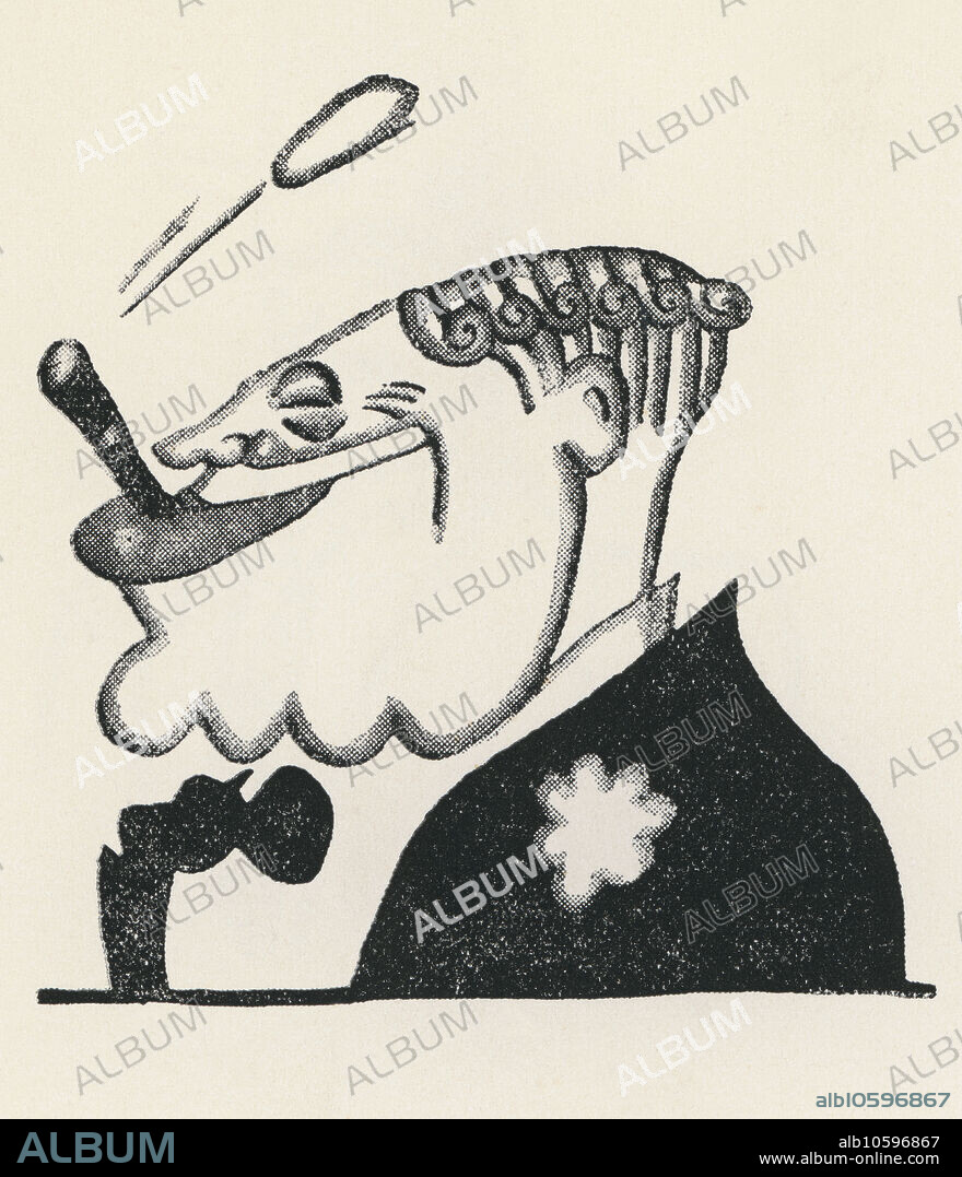JAUME PASSARELL RIBÓ. Joaquín Montero Delgado (1869-1942), actor, autor dramático, comediógrafo y libretista de zarzuelas valenciano. Caricatura de Jaume Passarell. Año 1930.
