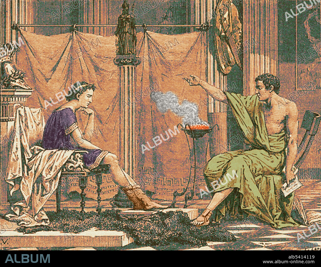 Alexander of Macedon (left, 356-323 BC) and Aristotle (right, 384-322 BC), the Ancient Greek philosopher and naturalist. He taught the young prince rhetoric, literature, science, medicine, and philosophy. Engraving from Vies des Savants Illustres (1877).