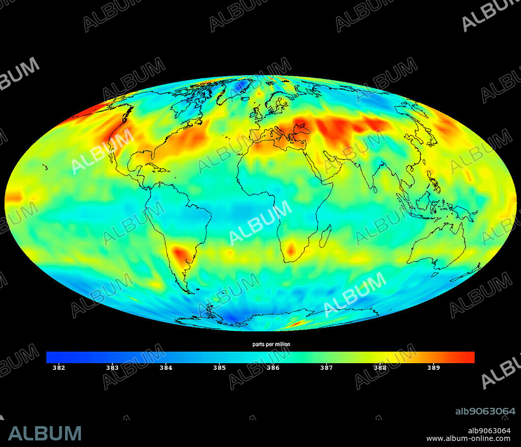 image created with data acquired by the Atmospheric Infrared Sounder instrument (AIRS) on NASA's Aqua satellite during July 2009. shows large-scale patterns of carbon dioxide concentrations that are transported around Earth by the general circulation of the atmosphere. Dark blue corresponds to a concentration of 382 parts per million and dark red corresponds to a concentration of almost 390 parts per million. The northern hemisphere mid-latitude jet stream effectively sets the northern limit of enhanced carbon dioxide. A belt of enhanced carbon dioxide girdles the globe in the southern hemisphere, following the Zonal flow of the southern hemisphere mid-latitude jet stream. This belt of carbon dioxide is fed by biogenesis activity in South America (carbon dioxide is released into the atmosphere through the respiration and decomposition of vegetation), forest fires in both South America and Central Africa, and clusters of gasification plants in South Africa and power generation plants in south eastern Australia.
