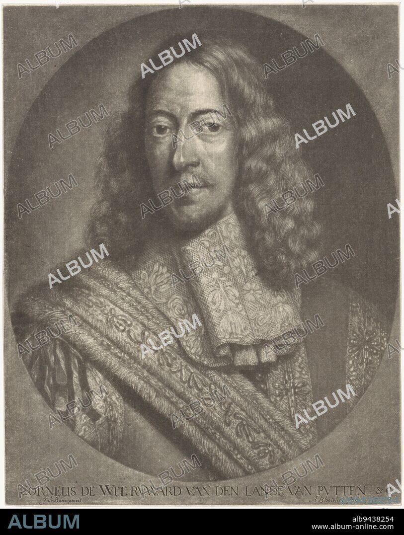 Portrait of Cornelis de Witt, mayor of Dordrecht, ruwaard van Putten, bailiff of the Beijerlanden and a leading regent in the stadholderless era. Portrait of Cornelis de Witt, print maker: Abraham Bloteling, (mentioned on object), after: Jan de Baen, (mentioned on object), Amsterdam, (possibly), 1667 - 1690, paper, engraving, h 272 mm × w 216 mm.