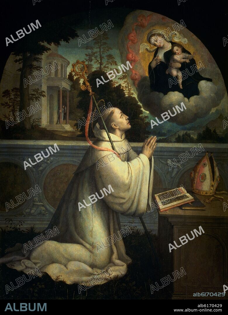 JUAN CORREA DE VIVAR. APARICION DE LA VIRGEN A SAN BERNARDO - SIGLO XVI - OLEO/TABLA - 170 x 130 cm - NP 2832 - RENACIMIENTO ESPAÑOL.