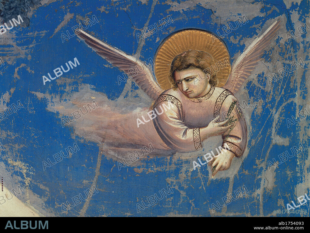 Stories of Christ: The Flight into Egypt, by Giotto, 1304-1306, 14th Century, fresco. Italy, Veneto, Padua, Scrovegni Chapel. Detail. Scenes from the Life of Christ: flight into Egypt angel halo; aureole blue gold pink.