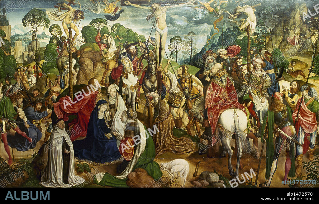 MAESTRO DELL'ALTARE DI AQUISGRANA. ARTE GOTICO. ALEMANIA. "TRIPTICO DE LA PASION" (1505-1510). EL CALVARIO (panel central). Obra del pintor anónimo del gótico tardio, Maestro de los Altares de Aquisgrán. S. XVI. Museo del Tesoro de la Catedral de Aquisgrán. Alemania.