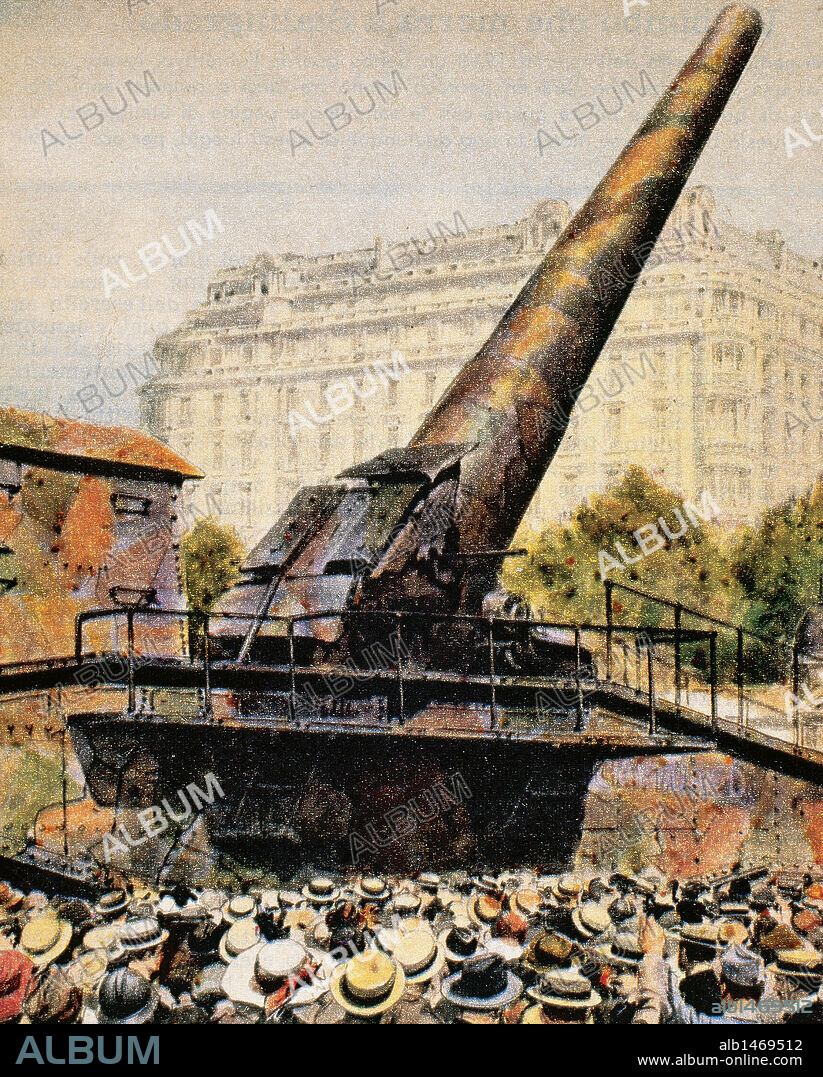 PRIMERA GUERRA MUNDIAL (1914-1918). GRAN BERTHA M42. Pieza de artillería alemana utilizada para bombardear París en 1918. Fabricada por Krupp y diseñada por el ingeniero Rausenberger. La Domenica del Corriere (1918) .