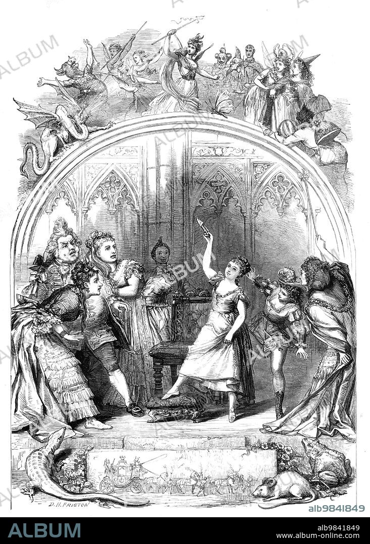DAVID HENRY FRISTON. The Pantomime at Covent-Garden: "Cinderella - the Butterfly's Ball and the Grasshopper's Feast", 1876. London stage production. '...Mr. Charles Rice...presents us with a gorgeous spectacle...Cinderella herself [is played by] Miss Amalia...Prince Plenteous [is] Miss Nelly Power...Our Illustration here gives the central situation of the piece, that in which Cinderella claims the glass slipper that so well fits her foot, and produces its fellow in corroboration of her identity with the wearer of both at the Prince's ball. The scene is a crowded one, and full of dramatic intention. We may note the envy of her sisters, Salprunella and Blowsabella, whose jealousy and doubt blend expression in their unamiable faces...'. From "Illustrated London News", 1876.