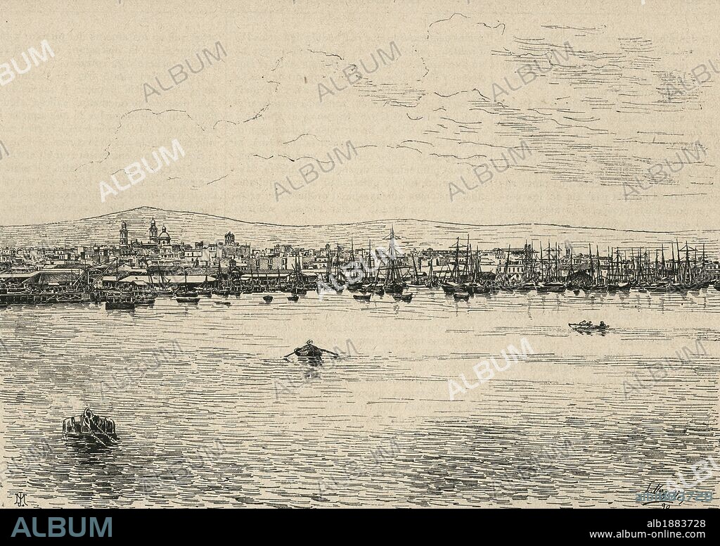 URUGUAY. SIGLO XIX. MONTEVIDEO. Panorámica de la ciudad y el puerto. Grabado por Urgellés publicado en "La Ilustración" (año 1891) .