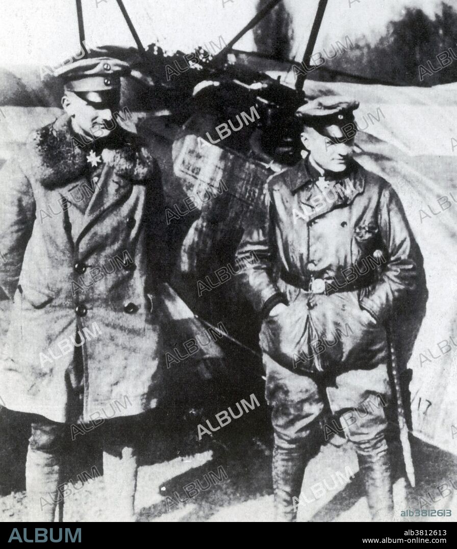 The Red Baron stands with his brother Lothar in front of a Fokker DR1 Triplane. Manfred Albrecht Freiherr von Richthofen (May 2, 1892 - April 21, 1918) was a First World War German flying ace. Originally a cavalryman, he transferred to the Air Service in 1915, becoming one of the first members of Jasta 2 in 1916. He quickly distinguished himself as a fighter pilot, and during 1917 became leader of Jasta 11 and then the larger unit Jagdgeschwader 1 (Flying Circus). By 1918, he was regarded as a national hero in Germany. Richthofen was shot down and killed near Amiens on April 21, 1918. He is considered the top ace of that war credited with 80 air combat victories. Lothar-Siegfried Freiherr von Richthofen (September 27, 1894 - July 4, 1922) was a German First World War fighter ace credited with 40 victories. He was a younger brother of top-scoring ace Manfred von Richthofen. After the war he became a became a commercial pilot, carrying passengers and mail between Berlin and Hamburg. He died in 1922, at the age of 27, when the plane he was piloting crashed due to an engine failure.