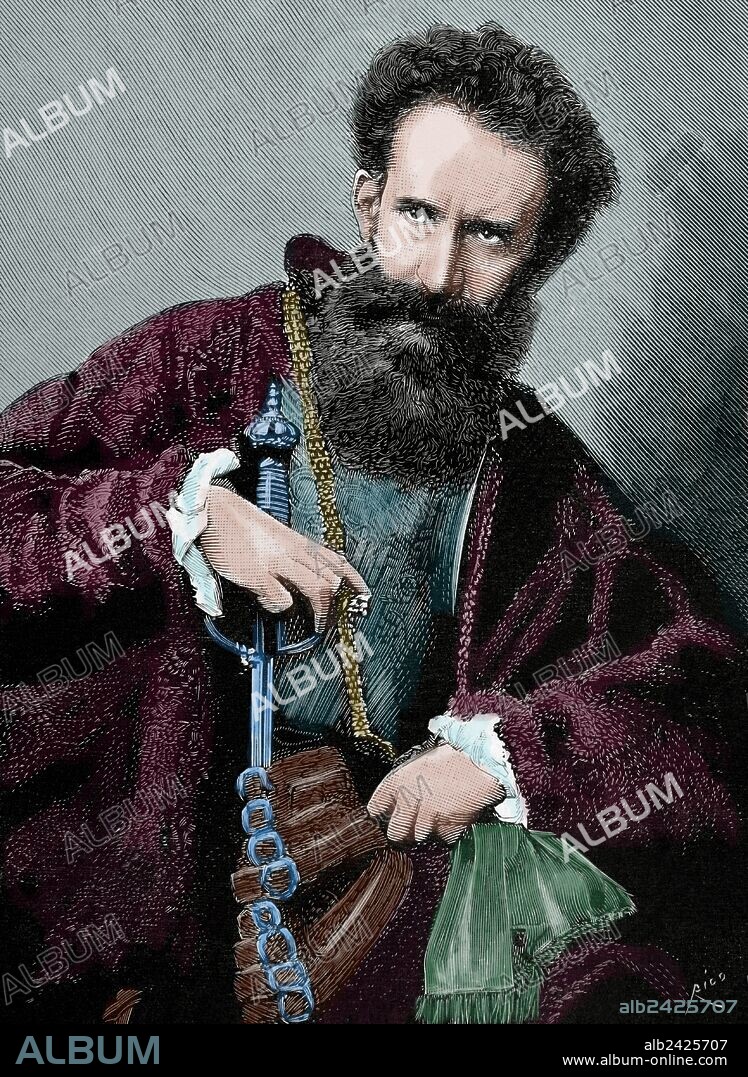 Hans Makart (1840-1884, Viena). Pintor de historia academista austriaco, diseñador y decorador. Conocido por su influencia sobre Gustav Klimt y otros artistas austriacos. Grabado por Rico. La Ilustración Española y Americana", 1884. Coloreado.