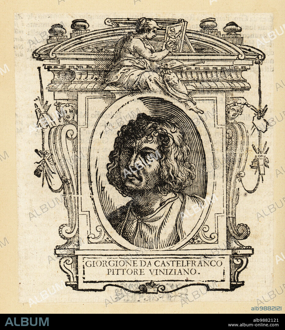 Portrait of Giorgione, Italian painter of the Venetian school during the High Renaissance from Venice, c. 1477-1510. Giorgione da Castelfranco Pittore Viniziano, Giorgio Barbarelli da Castelfranco. Woodcut after a possible self-portrait by Giorgione from Giorgio Vasaris Le vite de piu eccellenti pittori, scultori, et architettori, The Lives of the Most Excellent Painters, Sculptors and Architects, Florence, 1678.
