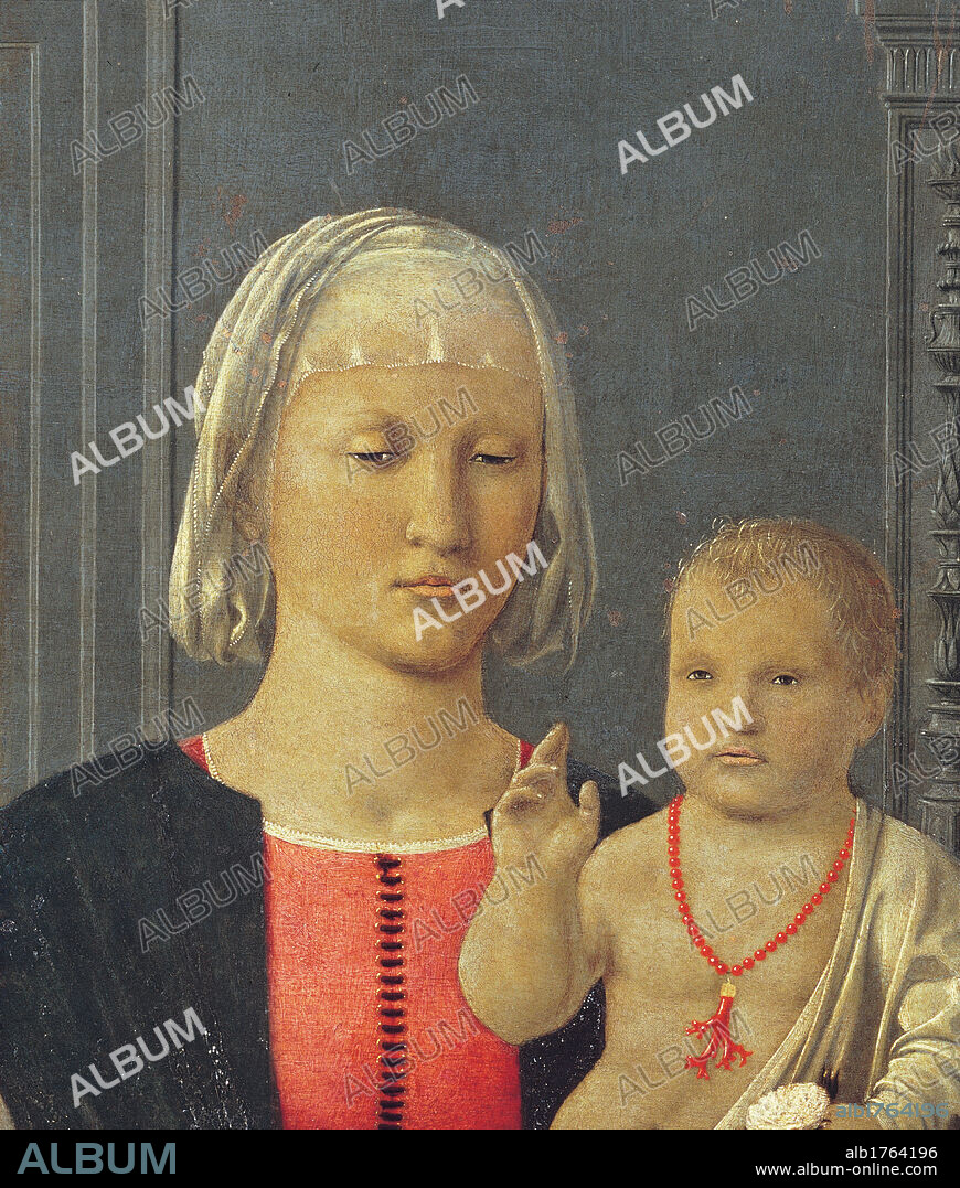Virgin with Child Giving His Blessing and Two Angels (The Senigallia Madonna), by Pietro di Benedetto dei Franceschi known as Piero della Francesca, 1478-1480 about, 15th Century, oil and tempera on walnut panel, cm 61 x 53,5. Italy, Marche, Pesaro Urbino, Urbino, Marche National Gallery, gi nella Chiesa di Santa Maria delle Grazie a SenigalliaItaly. This delightful panel was probably commissioned by Federico da Montefeltro and was brought to Senigallia as a gift from the duke to his daughter, Giovanna Feltria, to celebrate her marriage to Giovanni della Rovere, lord of Senigallia and nephew of Pope Sixtus IV. Detail. Face Virgin Mary Baby Child Jesus necklace coral red veil. Authorization required for non editorial use.