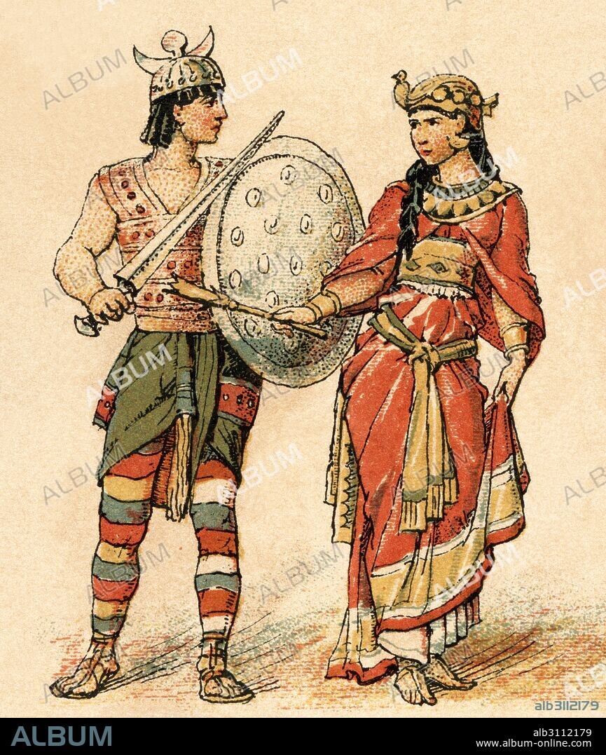 FERRAN XUMETRA. Egipto. Soldado y la reina de Egipto en la antigüedad. Grabado de 1910.