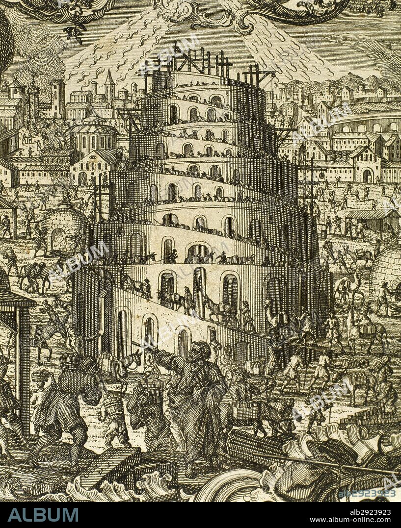 Old Testament. Book of Genesis. The Tower of Babel. Engraving.