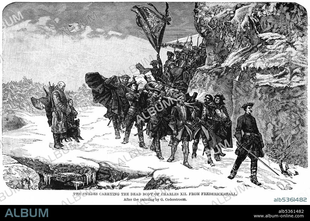 The Swedes carrying the Dead Body of Charles XII from Frederickshall, after a painting by G. Cederstroem, Illustration, Ridpath's History of the World, Volume III, by John Clark Ridpath, LL. D., Merrill & Baker Publishers, New York, 1897.