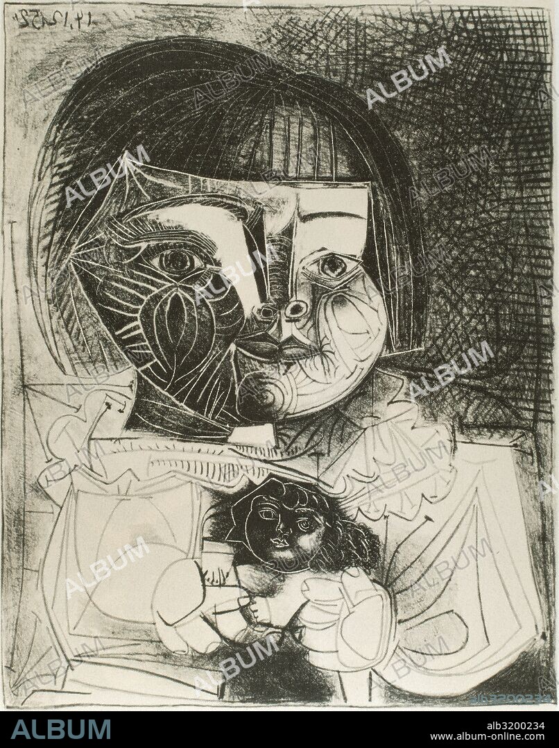 PABLO PICASSO. PICASSO, Pablo Ruiz (Málaga, 1881-Mougins, 1973). Pintor español. "PALOMA Y SU MUÑECA, FONDO NEGRO" (1952). Litografía.